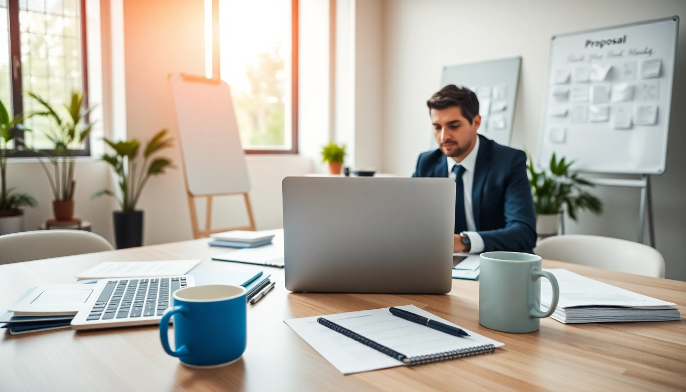 Engaging proposal writing and management workspace showcasing professionalism and organization.
