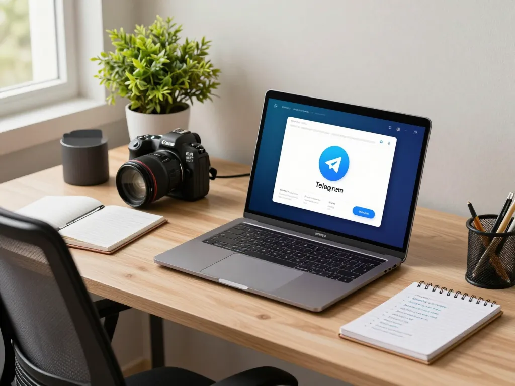 Using Telegram 电脑版 on a sleek laptop in a modern home office setup with warm natural light.