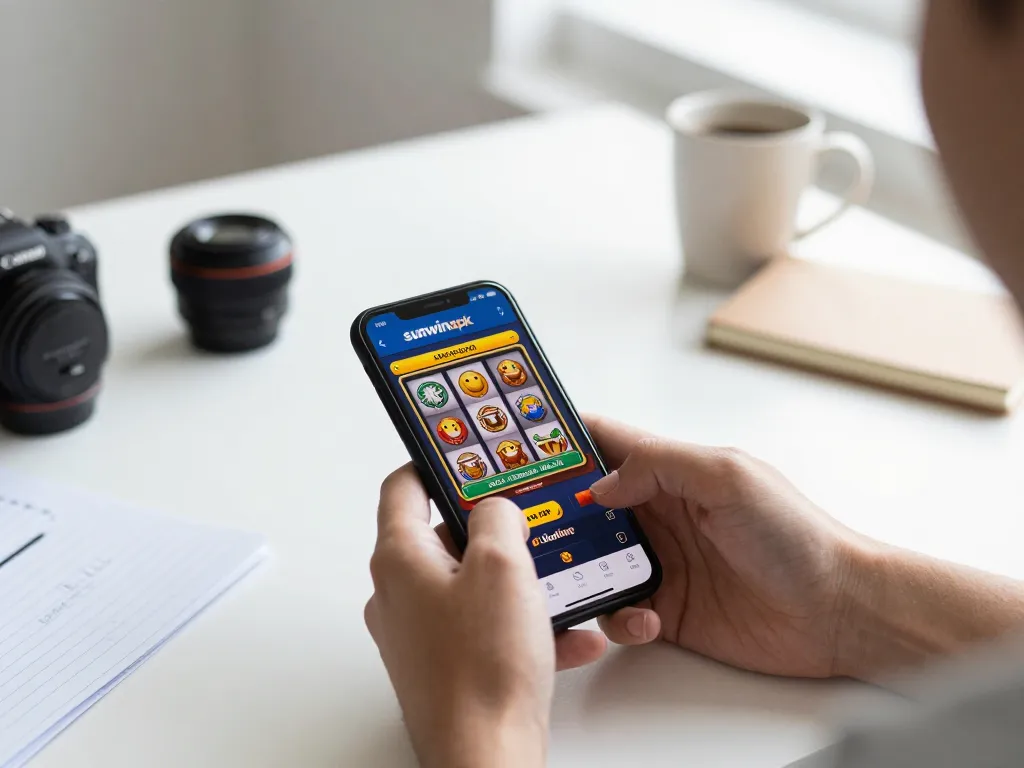 Player spinning reels on sunwinapk mobile app in a bright home setting while enjoying casual gameplay