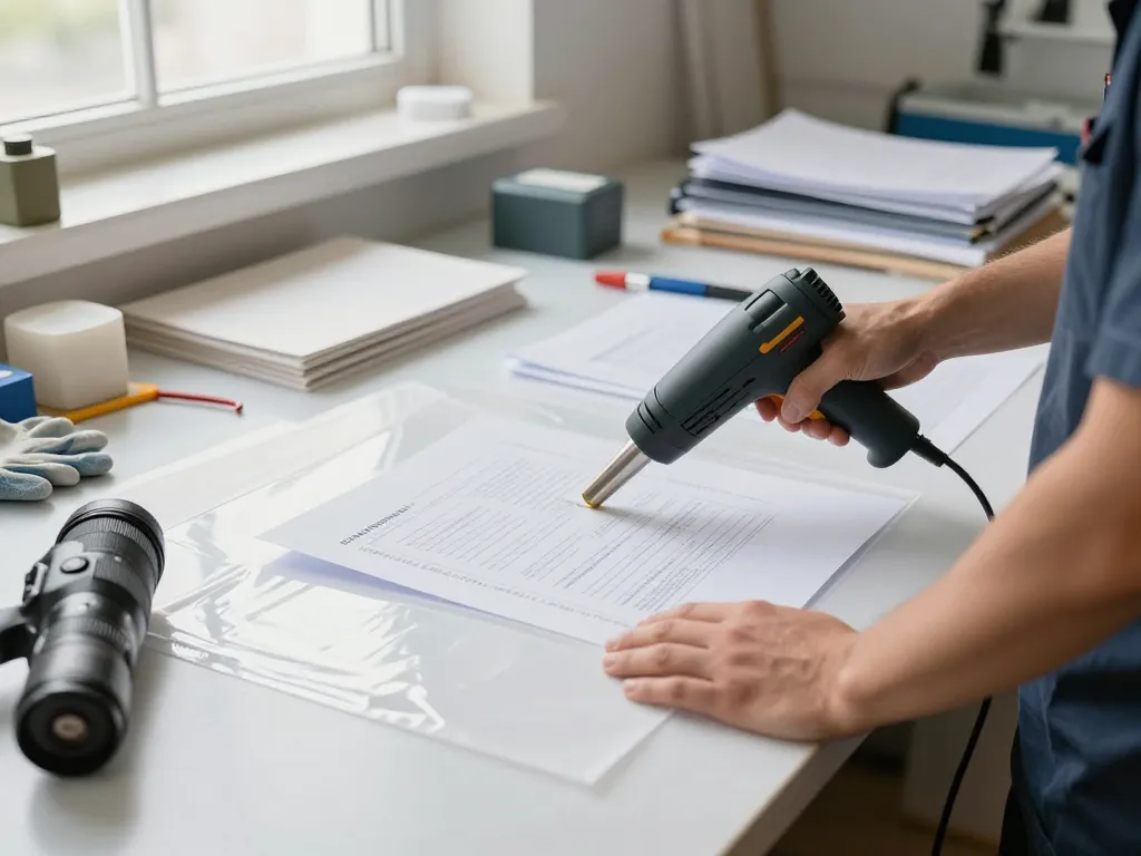 Khôi phục tài liệu bằng dịch vụ bóc ép plastic tại một xưởng hiện đại, giới thiệu kỹ thuật viên với công cụ.