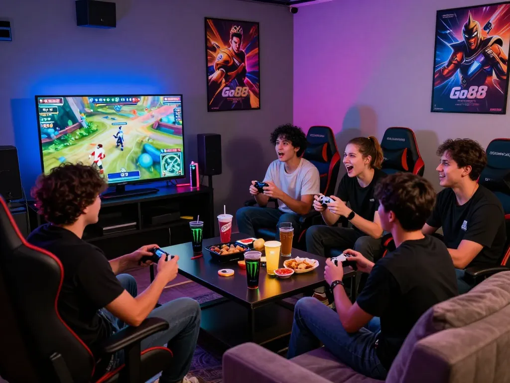 Friends enjoying an exciting Go88 gaming session in a vibrant lounge