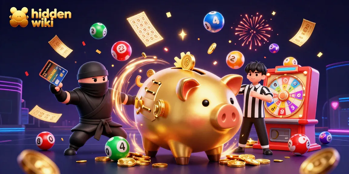Play and win at hidden wiki with vibrant lottery balls, piggy bank sumo wrestler, and money rain effects.