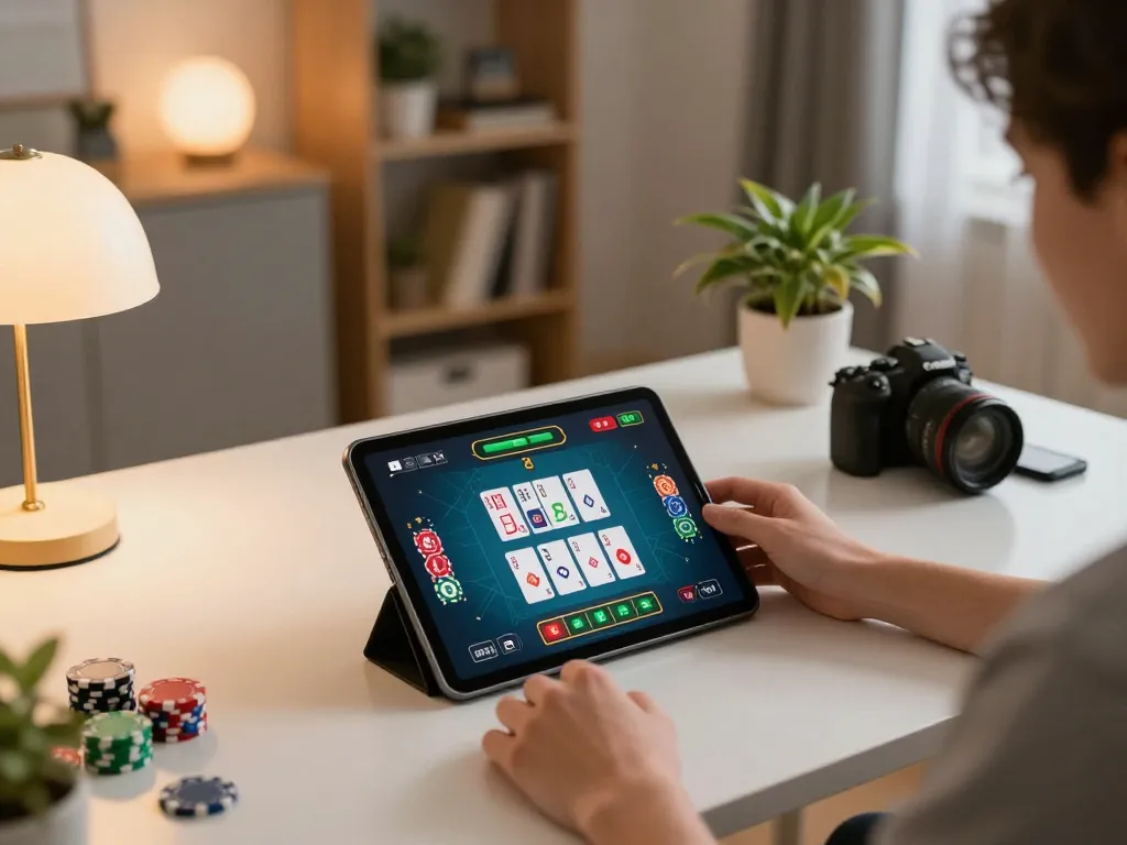 Engaging in an online เว็บสล็อตตรง game on a tablet with cards and chips displayed, showcasing modern gaming
