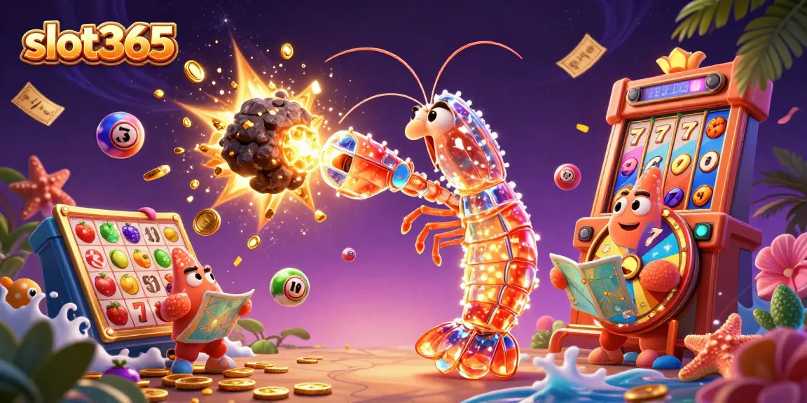 Experience thrilling wins at slot365 with a dynamic scene of a galactic shrimp and starfish in a rich casino setting.