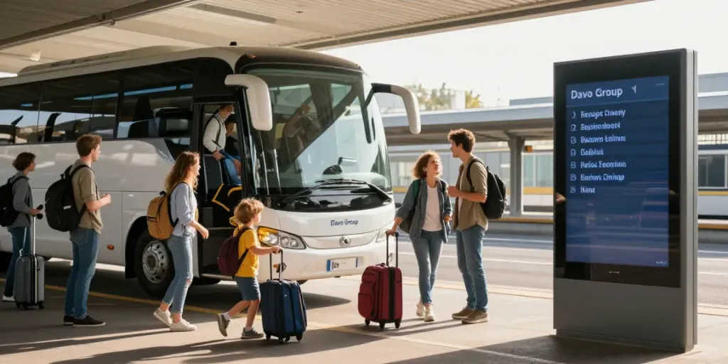 Transport persoane Moldova Europa: familie la stația de autobuz Davo Group pregătind călătoria spre Europa.