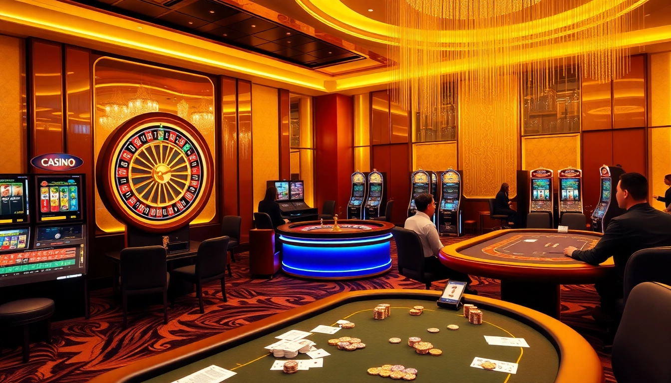 Scène de casino en ligne excitante avec une roue de roulette numérique et des machines à sous vibrantes pour casino en ligne 2026.