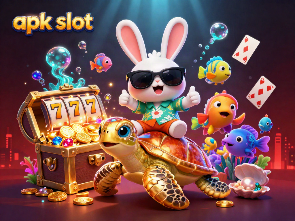 Experience thrilling apk slot action with a lucky rabbit and golden turtle in a vibrant casino underwater scene.
