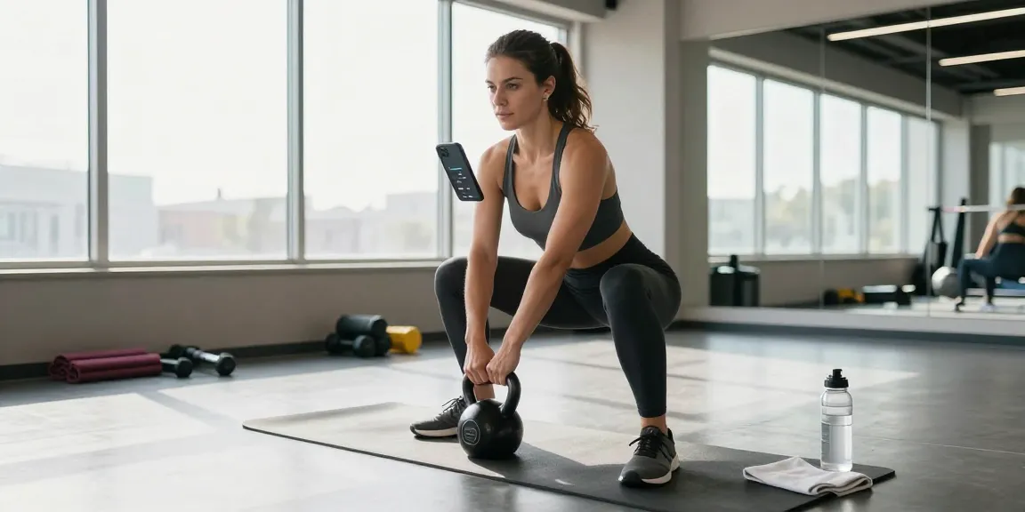 Athletic woman tracking nutrition with the best AI macro tracker during her kettlebell workout in a modern gym.