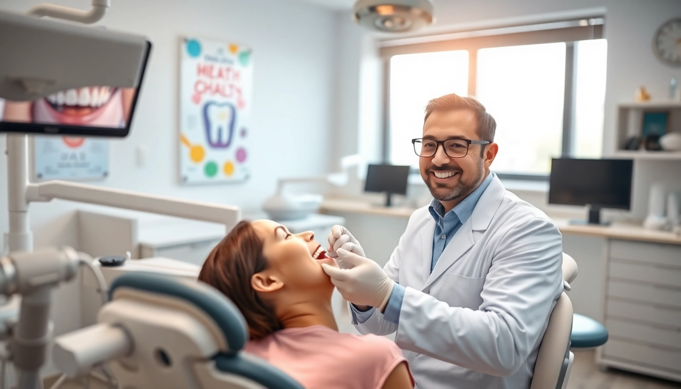 Dentist examining a patient in a modern dental office with high-tech equipment.