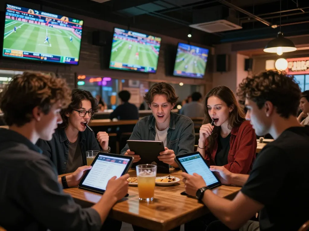 Fans engaging in dynamic sports betting at 8kbet bar with screens showcasing live games