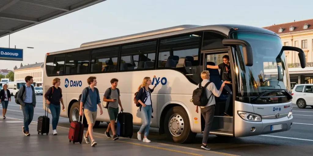 Transport persoane Moldova Europa - Pasageri urcând în autocare moderne la un terminal din oraș.