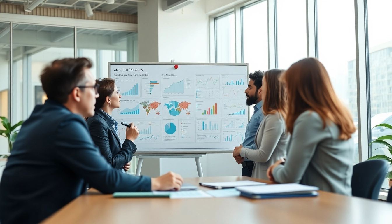 Team analyzing competitive intelligence for sales strategies in a modern office environment.