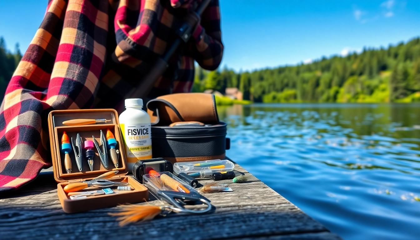 Showcasing essential fly fishing accessories including tools and floatants on a peaceful lake dock.
