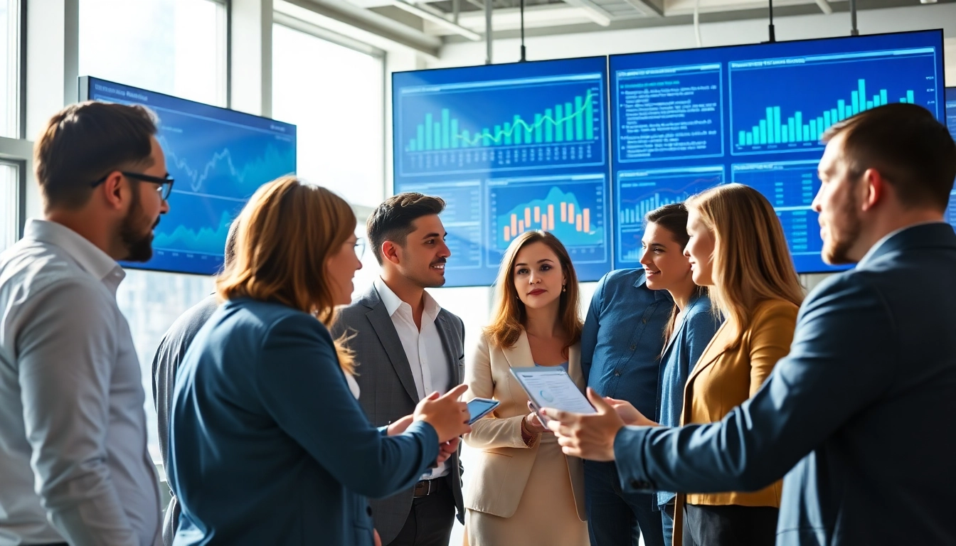 Visualize competitive intelligence for sales through a dynamic analytics teamwork scene in an office.