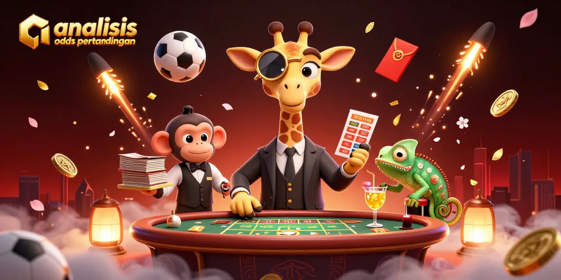 Bet on sports with "analisis odds pertandingan" amidst lively casino characters and festive decorations.