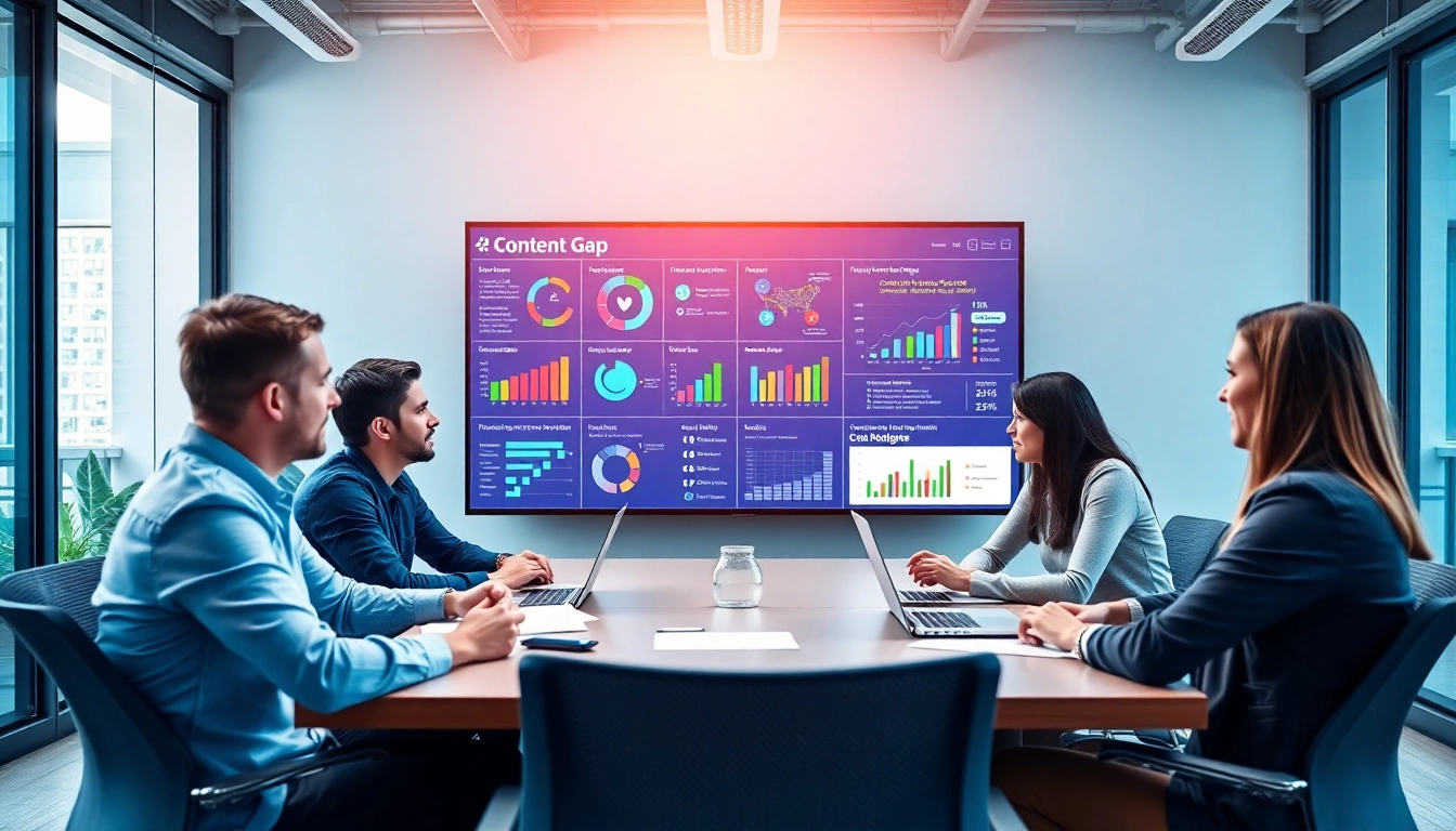 Team conducting a Content Gap Analysis session with vibrant data insights displayed.