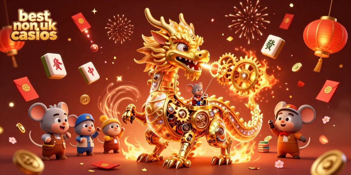 Engage with the best non UK casinos as a golden dragon breathes gears, showcasing big wins and fun gameplay.