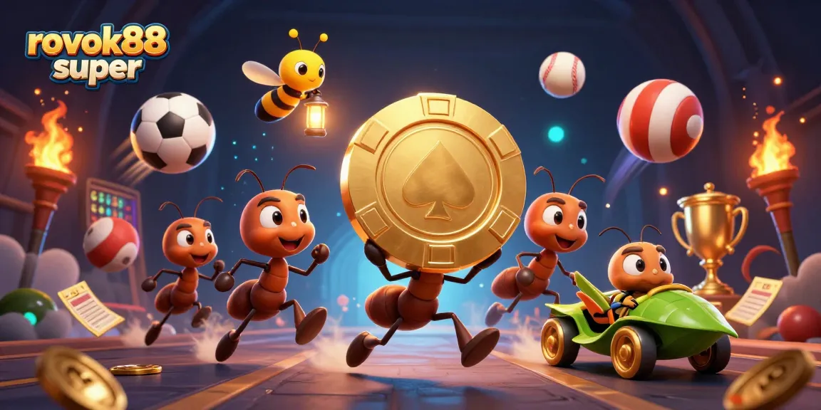 Engage with the thrilling world of rokok88 super as animated ants execute a daring heist, showcasing vibrant casino elements.
