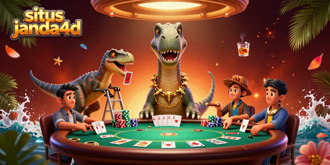 Situs janda4d menghadirkan suasana kasino dengan brontosaurus dan dealer raptor di meja poker.