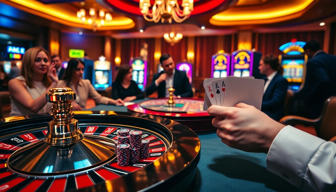 Une scène palpitante de casino en ligne 2026 avec une roue de roulette vibrante, des joueurs concentrés et des machines à sous colorées invitant à l'action.
