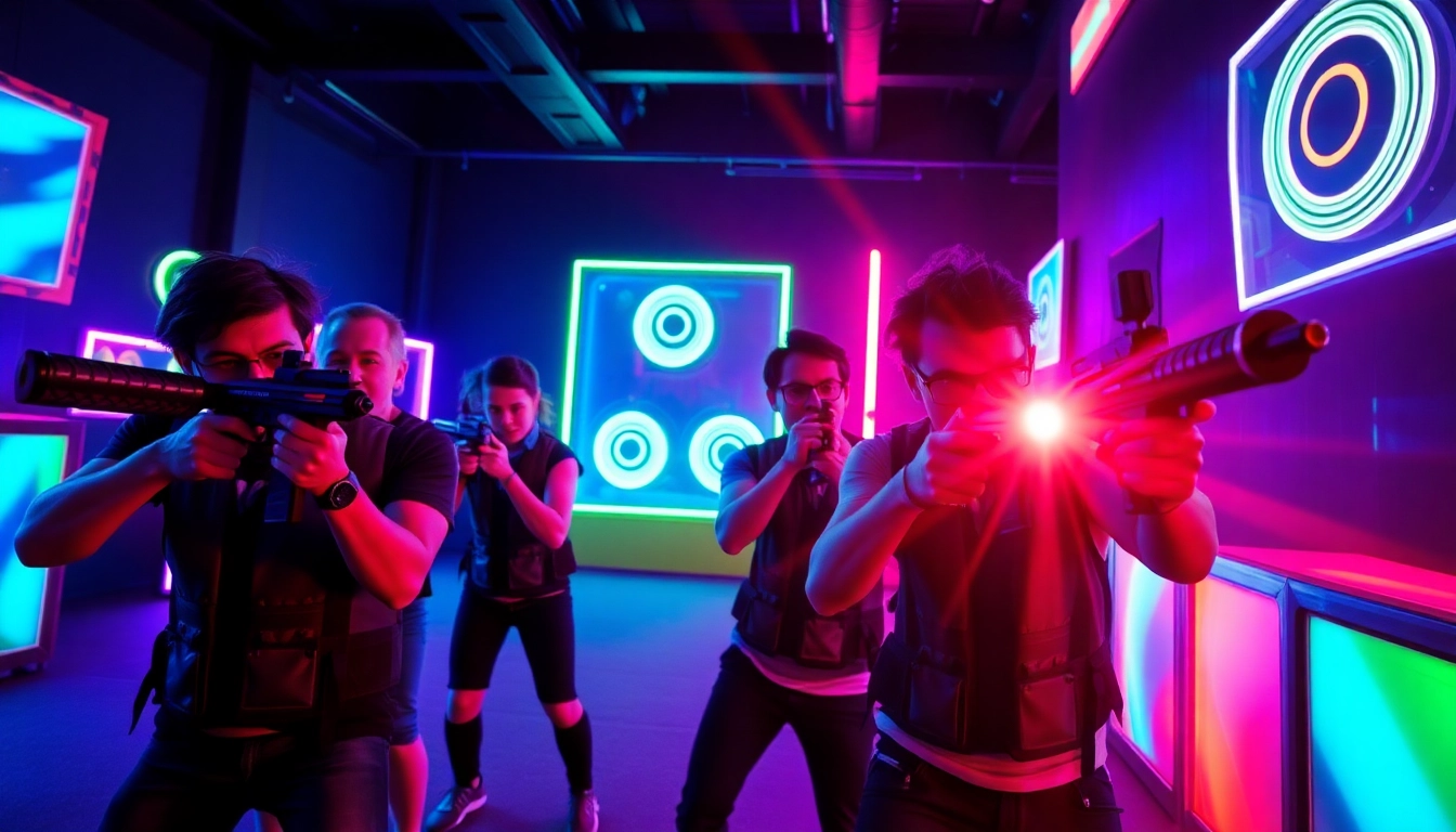 Players enjoy an exciting laser tag match in a vibrant arena filled with neon lights.