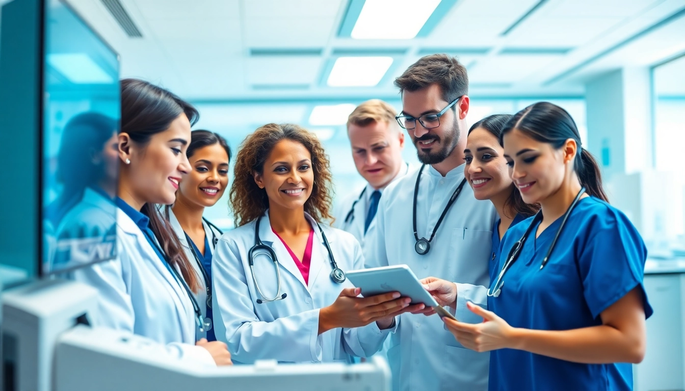 Doctors and nurses collaborating at ad DÓC Medical in a bright, modern healthcare setting.