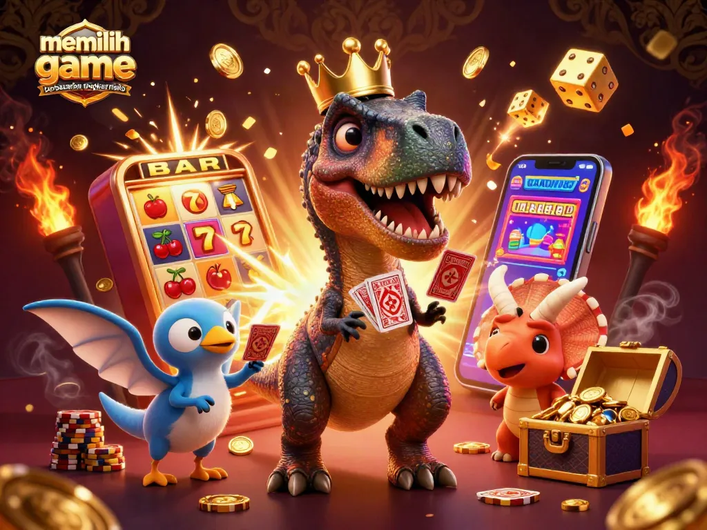 Gambarlah keadaan ilustrasi kasino 3D yang menggambarkan memilih game berdasarkan tingkat risiko dengan karakter lucu.
