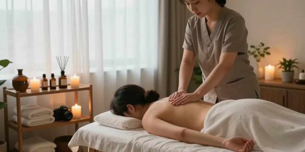 Relaxing 원종동출장마사지 session in a serene wellness environment with soothing ambiance and calming elements.