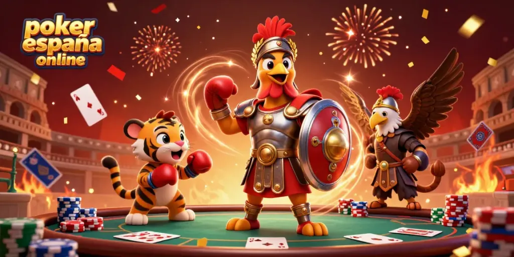 Juega al póker online España con emoción, pilas de fichas y cartas volando en la escena dinámica.