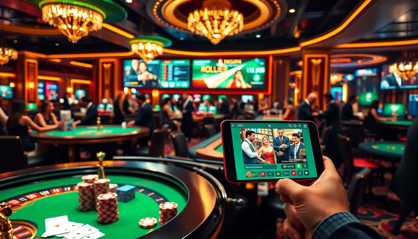 Scène excitante de casino en ligne 2026 avec des tables luxueuses, des jetons de poker et une atmosphère de jeu en ligne vibrante.