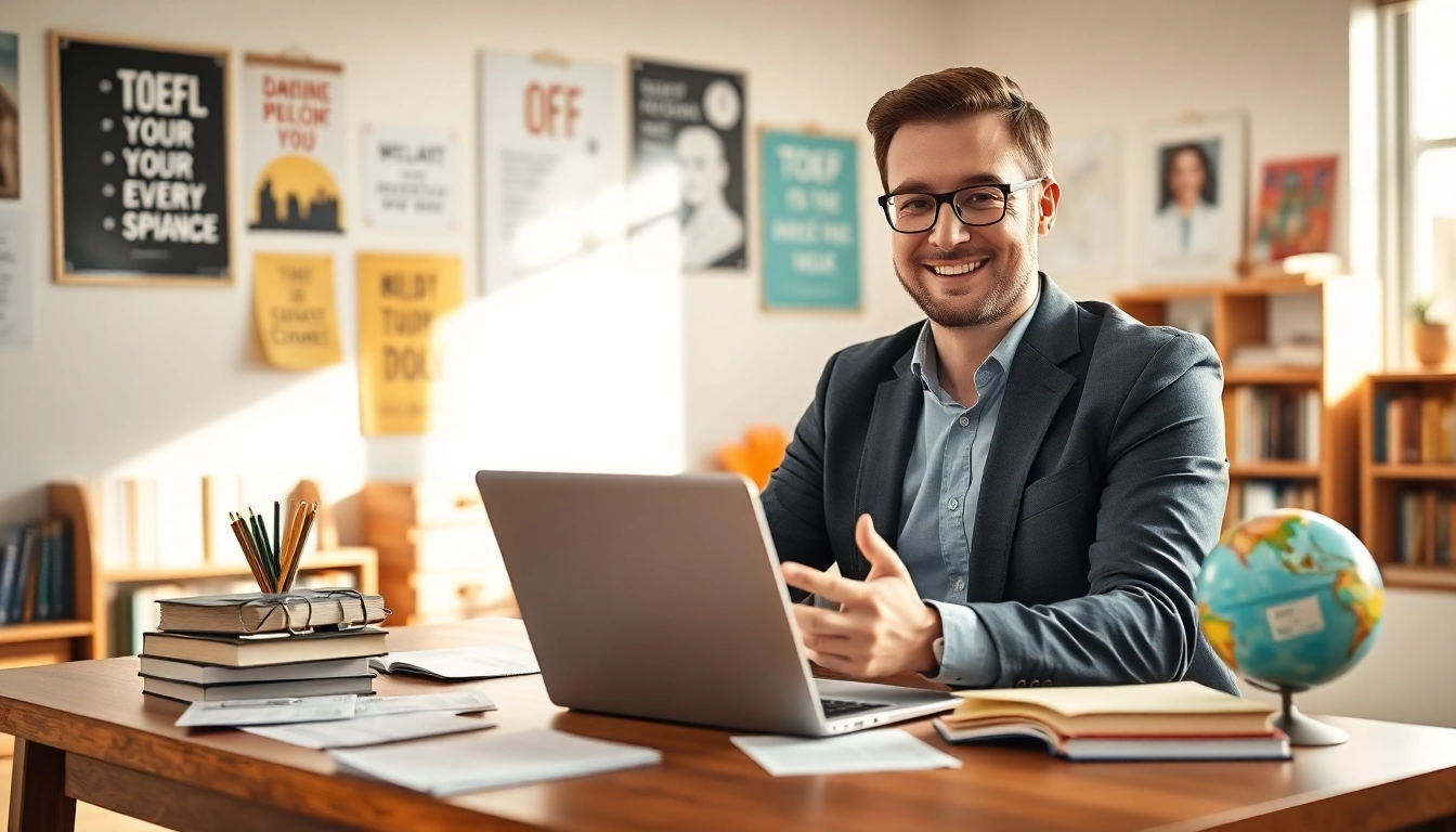 Engaging tutor providing toefl expert help in a bright, inviting study environment.