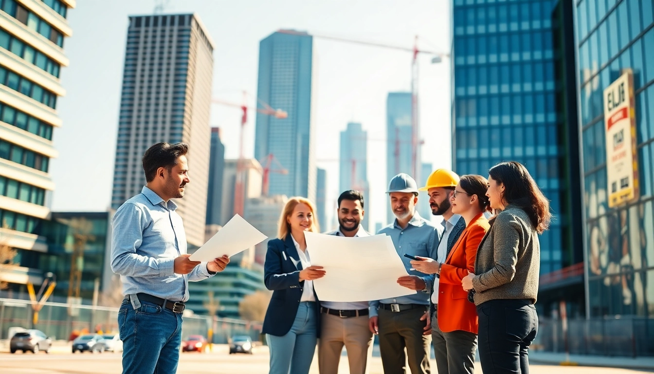 Building developer team collaborating on innovative urban designs in a vibrant construction site.