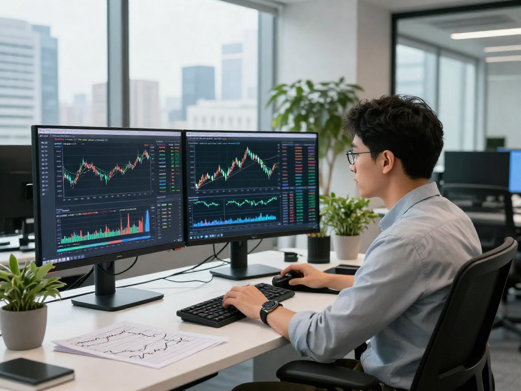 Copper futures historical data API analysis scene in a modern financial tech office, showcasing real-time trading and market insights.