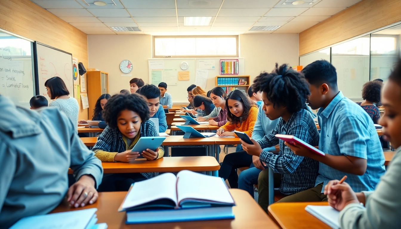 Engaging classroom scene showcasing education innovation and equity with diverse students in a collaborative learning environment.