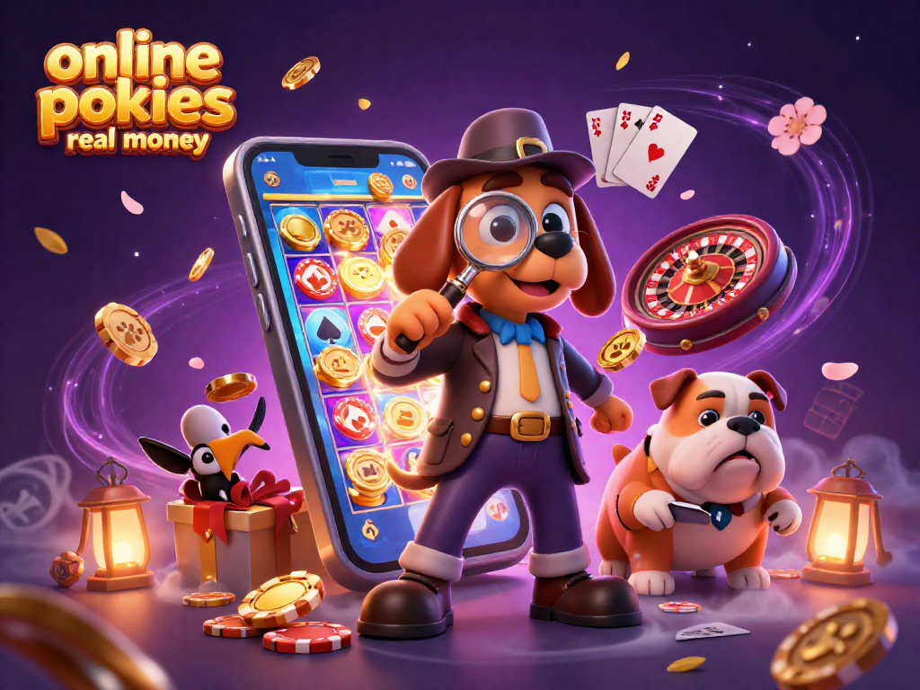 Engage in online pokies real money with a detective duo uncovering treasures in this vibrant casino illustration.
