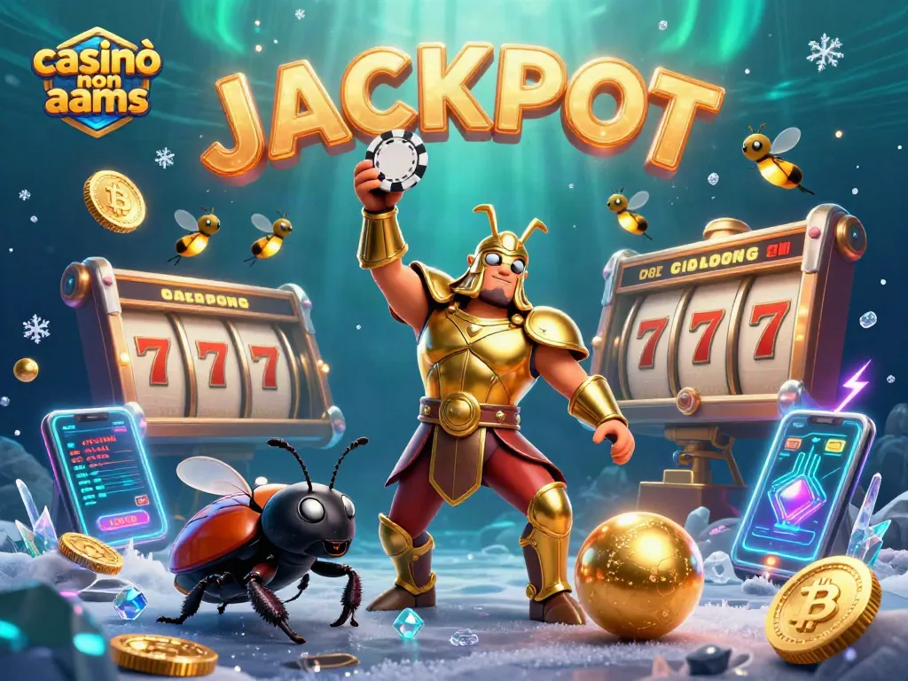 Gioca nei casinò non AAMS con un'illustrazione divertente di un scarabeo gladiatore e monete dorate.