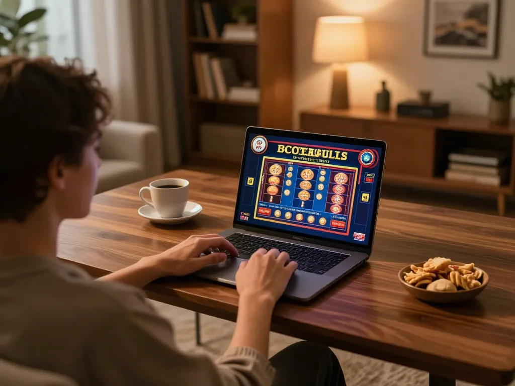 Engaging in online games at home at a casino senza registrazione setup, laptop illuminated by warm light.
