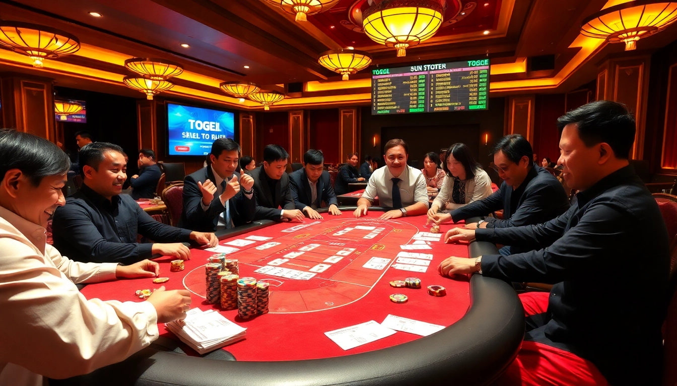 Pemain sedang bermain Sumo Togel di meja kasino mewah dengan slip taruhan berwarna cerah dan chip poker.