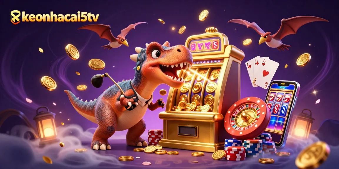 Engaging keonhacai5tv illustration with gambling action featuring a dinosaur and slot machine.