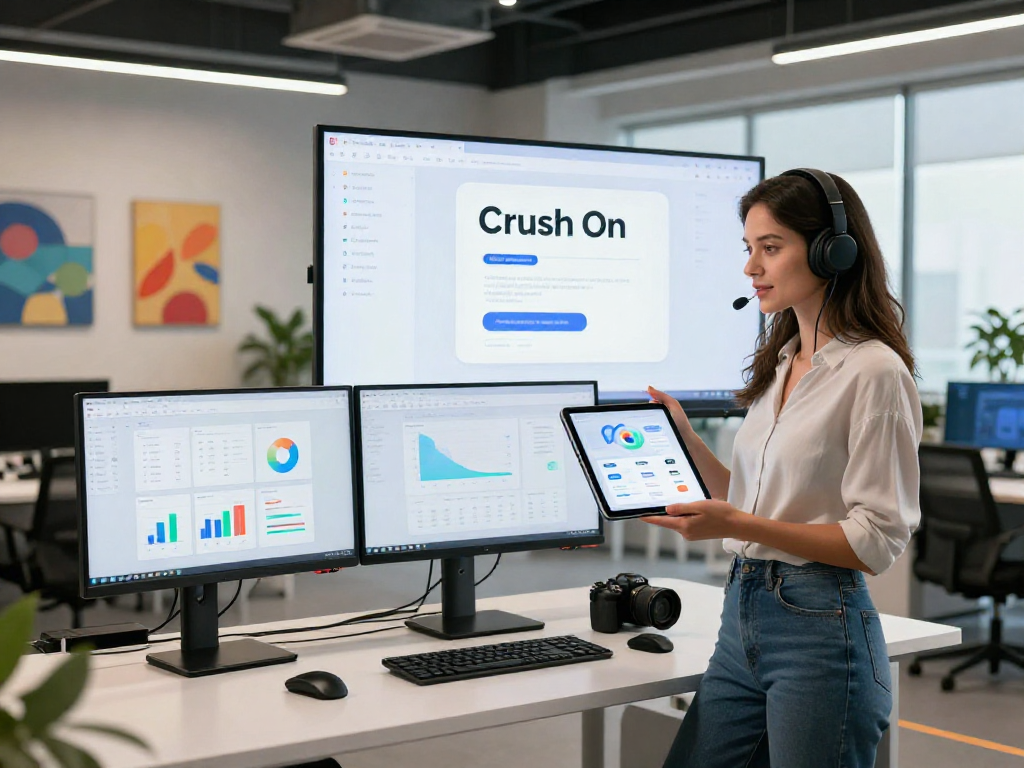 Engaged user exploring Crush On platform in a modern tech workspace.