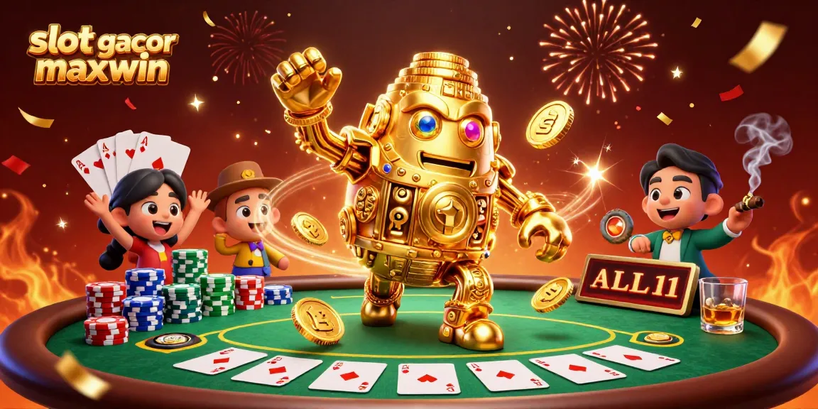 Engage with slot gacor maxwin gaming through dynamic 3D illustration showcasing celebratory casino elements.