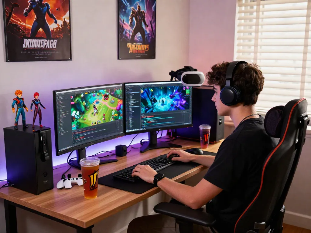 Developer coding game applications in vibrant gaming workspace with ggsoft elements present.