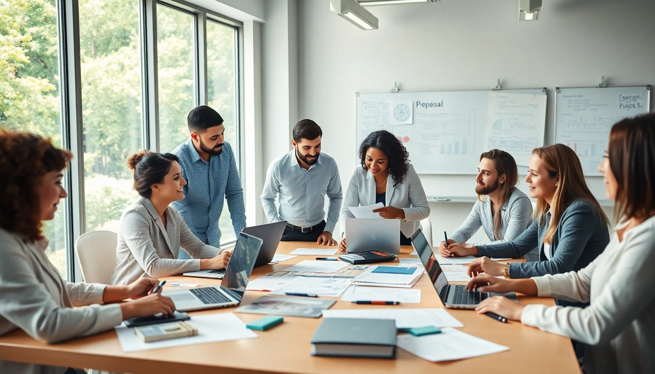 Engaging team collaboration on Proposal Writing and Management in a bright office setting.