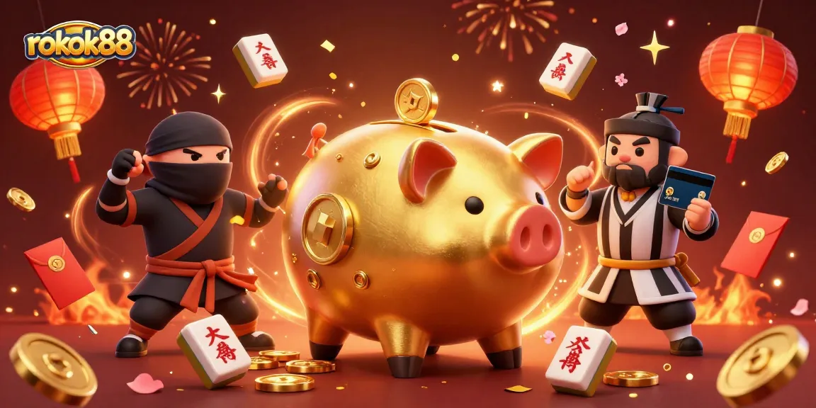 Engage with rokok88 as the golden piggy bank champion captures riches in this casino celebration scene.