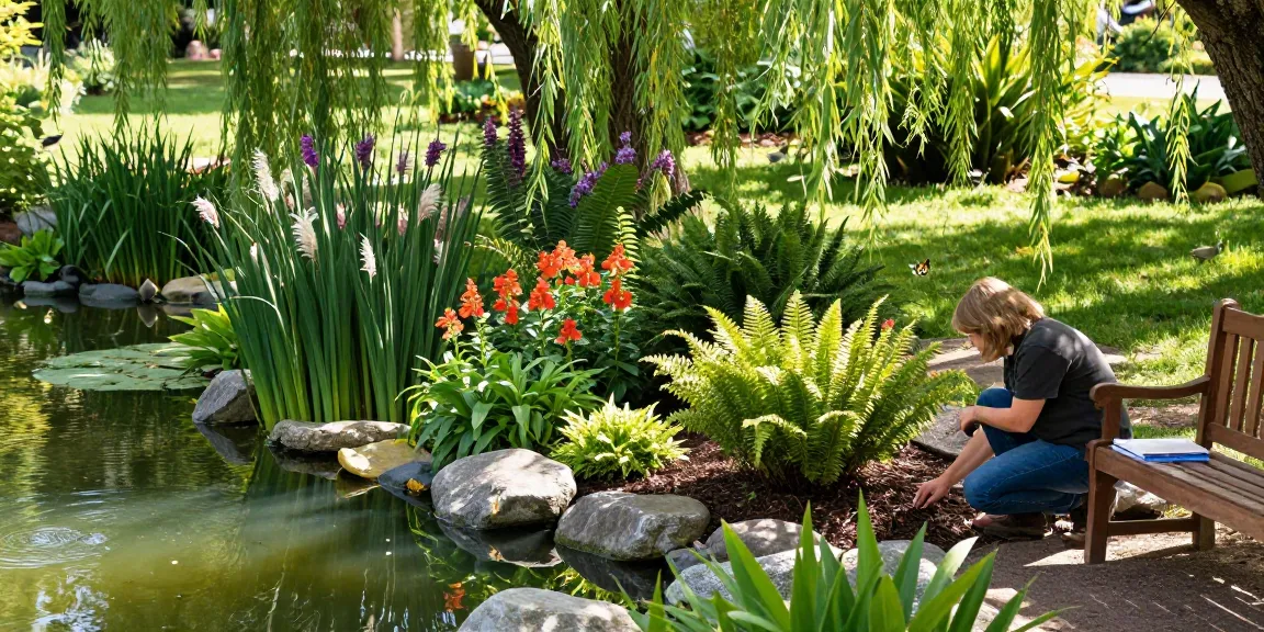 Marginal pond plants flourishing at garden pond, enhancing tranquility and beauty.