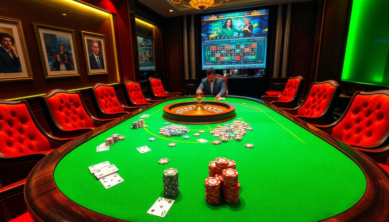 Exciting casino scene with hidden wiki link poster and poker table filled with colorful chips and cards.