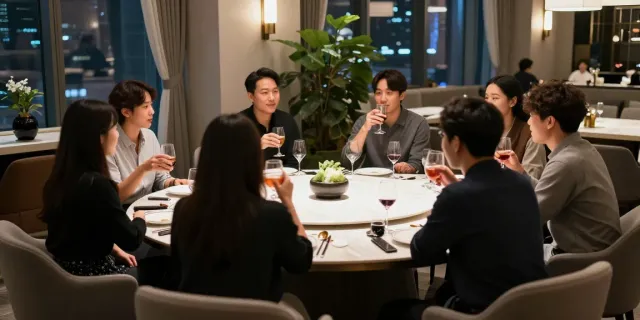 강남 구구단의 프라이빗 룸에서 친구들과 음료를 즐기는 즐거운 모습