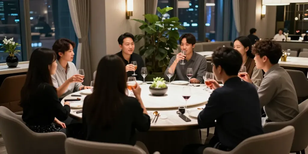 강남 구구단의 프라이빗 룸에서 친구들과 음료를 즐기는 즐거운 모습