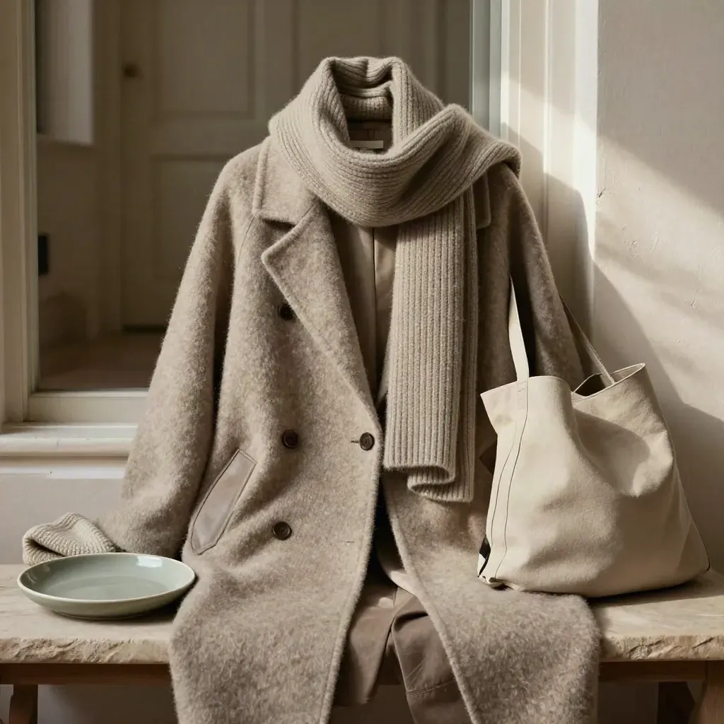 Alma coat, ribbed scarf and soft tote on a bench in a quiet entryway with soft window light.
