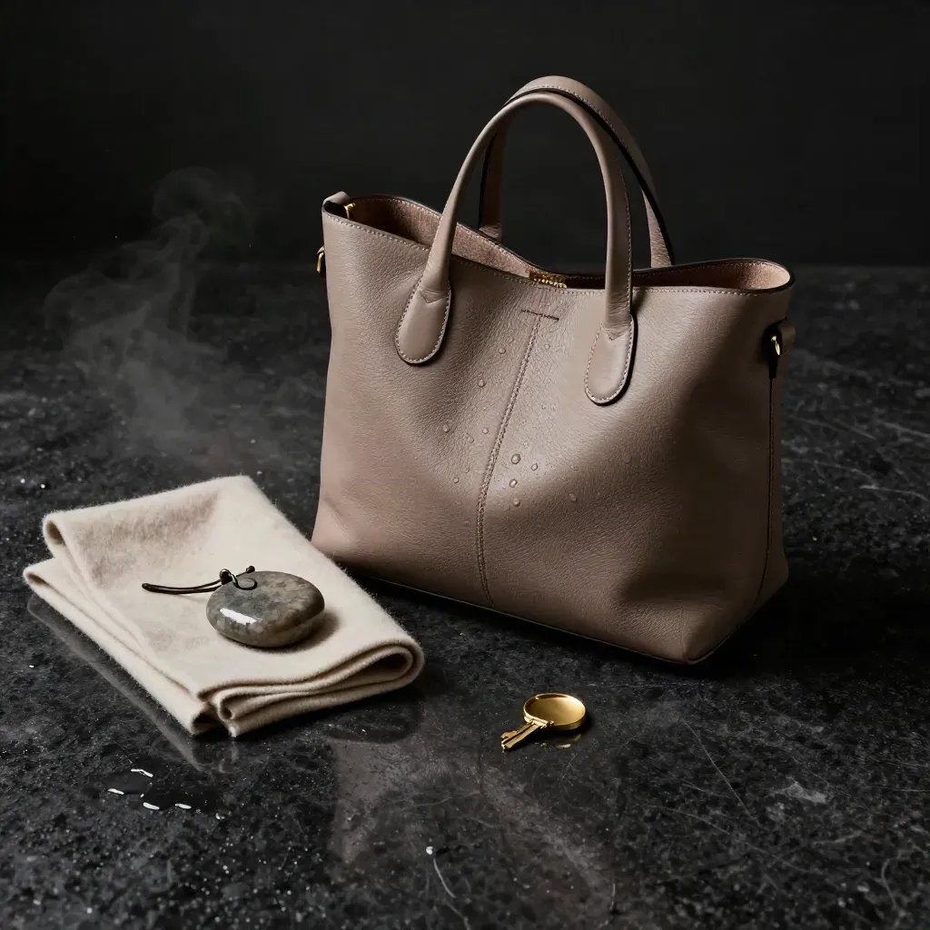 Open taupe leather tote on wet basalt with cashmere wrap, catchall, brass key ring and misty rim light.